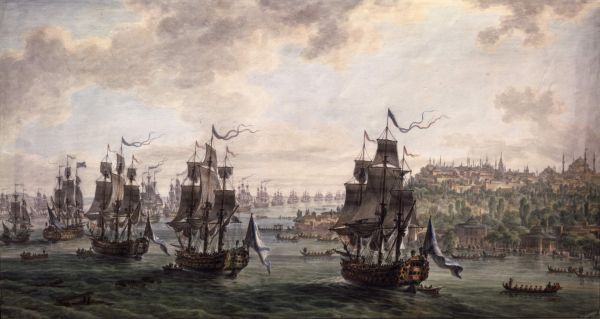 Иванов М.М. Российская эскадра под командованием вице-адмирала Ф.Ф.Ушакова, идущая Константинопольским проливом 8 сентября 1798 года. 1799