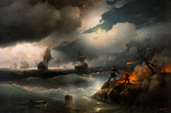 Айвазовский И.К. Петр I при Красной Горке, зажигающий костер на берегу для подачи сигнала гибнущим судам своим. 1846