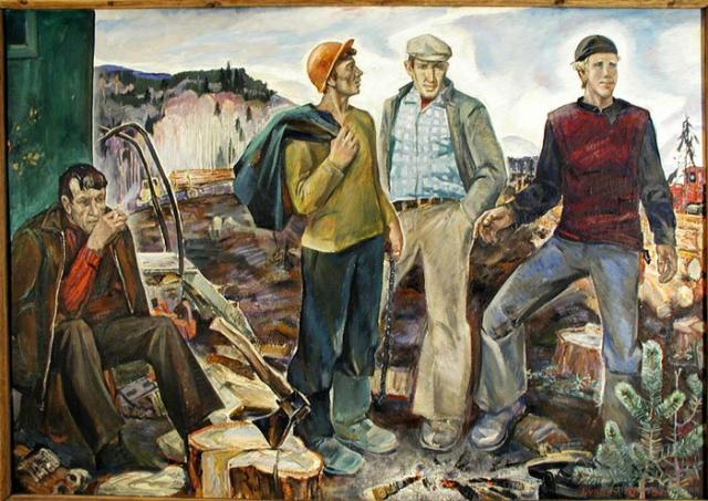 На Падунском лесоучастке.1979. Холст, масло. 122х175.